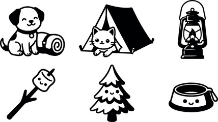 Obraz premium Black and white cute dog cat camping icons with lantern marshmallow tree and bowl