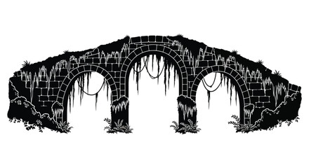 A detailed illustration of an ancient stone bridge with multiple arches and overgrown vegetation a striking silhouette high quality professional modern © Creativekhairul02