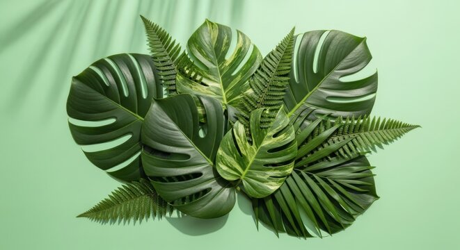 Tropical leaves on green background.