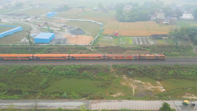 Aerial View of Indian Railway, Train Journey, Vande Bharat Express,