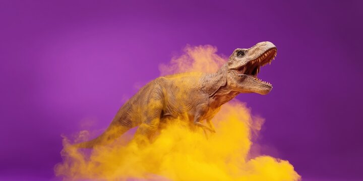 Tyrannosaurus rex purple smoke yellow cloud roar dynamic scene with dinosaur emerging from colored haze dramatic contrast vibrant composition