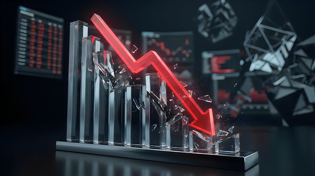 3D graph with falling red arrow, declining business chart, financial loss, economic downturn