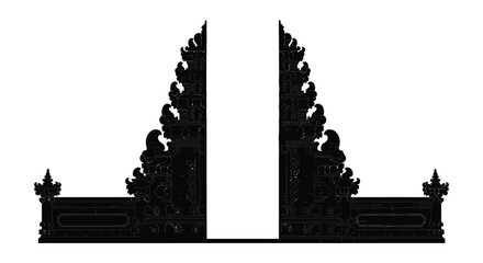 An intricate black silhouette of a traditional balinese gate with detailed carvings creating a striking visual silhouette high quality professional modern © Creativekhairul02