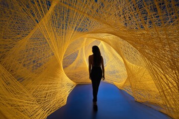 Fototapeta premium Female caucasian young silhouette walking through tunnel of golden thread lightwave installation immersive passage with woven luminous strands in dark exhibition space