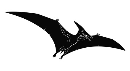 A striking black silhouette depicts a pterodactyl in flight showcasing its large wingspan and distinctive form silhouette high quality professional detailed © Creativekhairul02