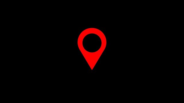 A simple red location pin icon stands out against a solid black background representing a destination 