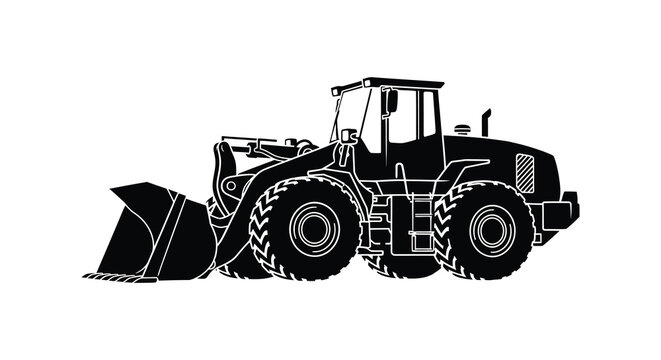 A striking black silhouette depicts a front end loader highlighting its robust design and industrial function silhouette high quality professional detailed modern