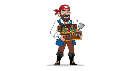 A cheerful cartoon pirate stands with a treasure chest overflowing with gold and jewels a distinctive silhouette high quality professional detailed © GDOthoi02