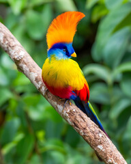 Obraz premium Vibrant tropical bird with bright multicolor plumage perched on a branch in lush greenery