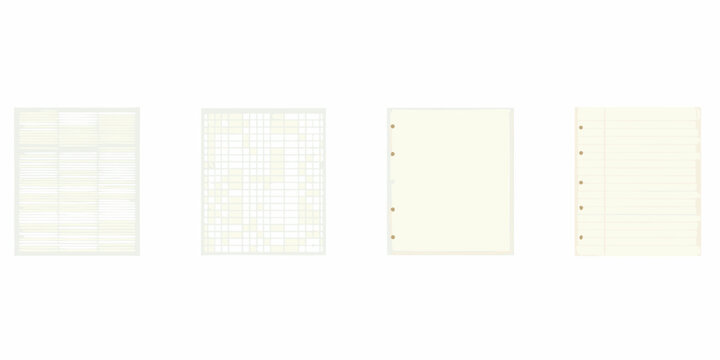 Four variations of lined and gridded paper sheets displayed side by side