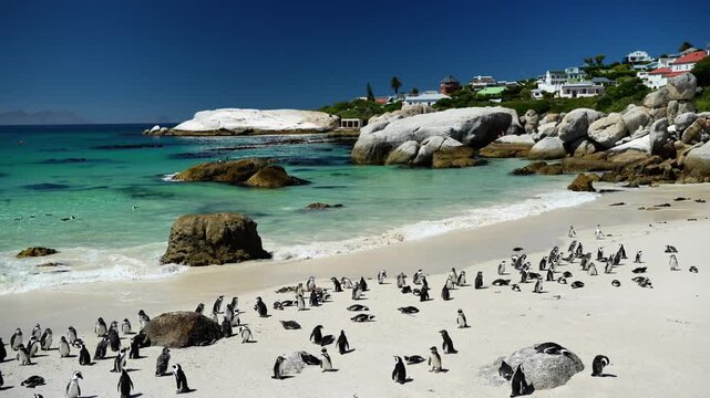 Cape Town Boulders Beach With Penguins, Turquoise Ocean And White Sand Framing Large African Penguin Colony