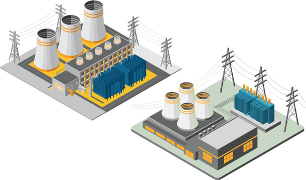 Isometric 3D Illustration of a Power Plant with Cooling Towers and Electrical Grid