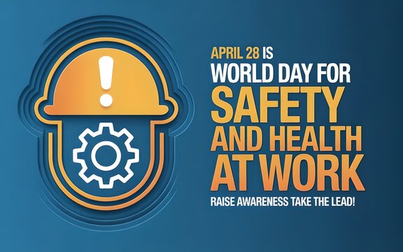 World Day for Safety and Health at Work April 28 Campaign Banner with Construction Safety Helmet and Gear Icon for Industrial Site Awareness