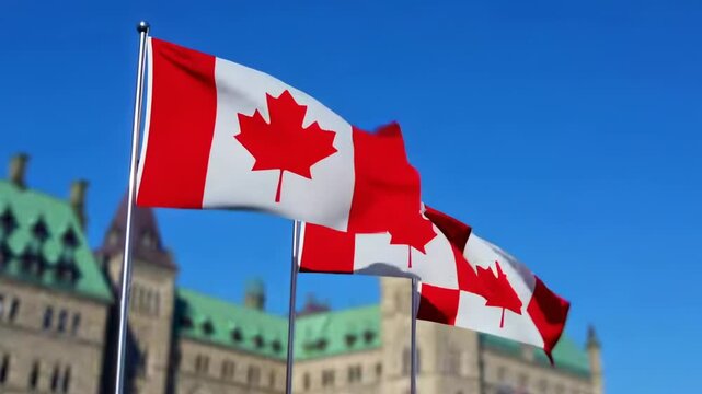 This features the Canadian flag waving in the wind, set against a backdrop of a historic building with a green roof. The flag's red and white colors are vibrant and prominent, symbolizing Canadian