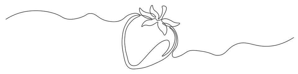 Minimalist illustration of a strawberry, made with one continuous line in monoline style. A smooth, continuous line forms a recognizable silhouette of a berry with leaves, conveying a feeling of fresh © Сергей Козийчук