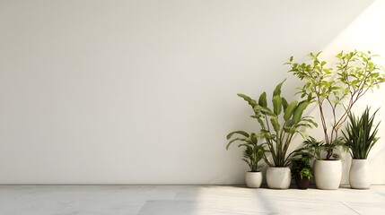Fototapeta premium Minimalist indoor garden with tropical plants and ferns against a clean white wall. Modern botanical interior with lush green foliage and copy space.