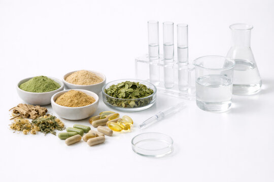 Herbal supplement composition with powders, capsules, laboratory glassware, white background