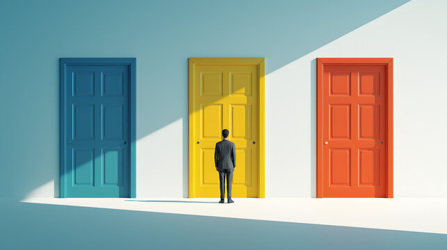 幻想的なスチームパンク都市で、赤・青・緑の3つの扉から将来の決断と機会を選ぶビジネスマンの後ろ姿を描いたコンセプトアート（手描き水彩画風イラスト）