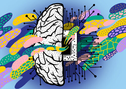 Half Brain and Half Microchip with Colorful Abstract Elements, Artificial Intelligence Concept Illustration