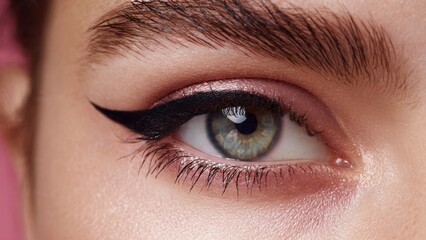 Naklejka premium Close-up of a stunning female eye featuring elegant winged eyeliner, vibrant pink eyeshadow, and perfectly defined lashes and brow, symbolizing beauty and fashion.