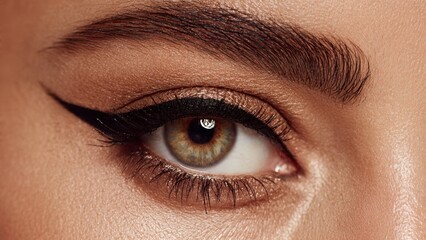 Fototapeta premium Beautiful female eye with elegant black winged eyeliner and perfectly groomed eyebrow. Close-up of modern beauty makeup.