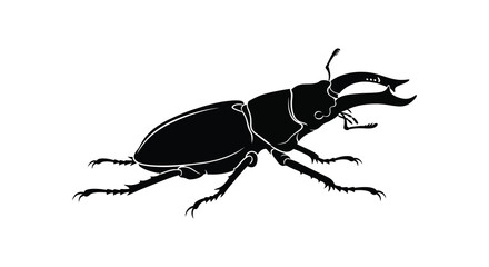 A striking black silhouette of a large stag beetle with prominent mandibles showcasing its unique form silhouette high quality professional detailed © GDSneha02