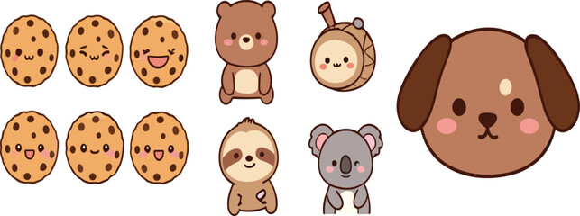 Naklejka premium Cute Kawaii Animals and Cookies Collection Featuring Bear, Sloth, Koala and Dog with Sweet Cartoon Biscuit Characters Vector Illustration Set