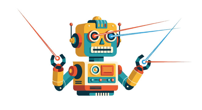 Cartoon robot with laser beams and electronic details vector illustration
