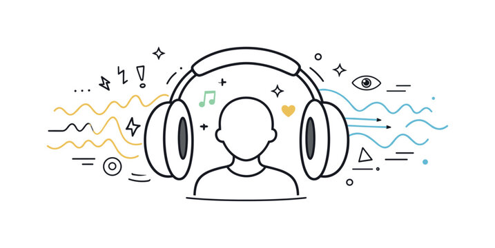 Sensory overload management. Abstract waves of sound stopped by soft circular headphone shapes around a person. Visual metaphor of protection and