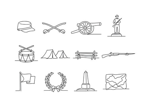 Civil War Battlefield. Minimalistic set one-line drawing [soldier kepi hat, crossed sabers, battlefield cannon, memorial statue, drum and sticks,