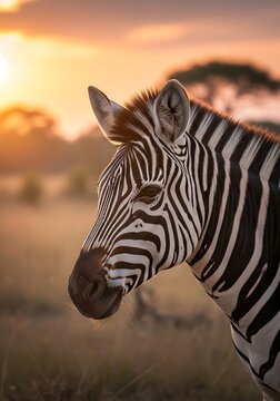 Closeup of a zebras head in a savannah during sunset with trees