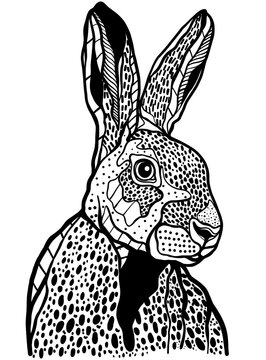Rabbit Head Drawing, Hand drawn Black and White Bunny Head