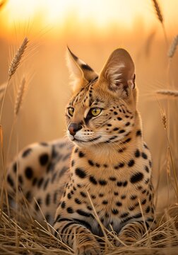 A serval cat lying in a field of wheat at sunset with a beautiful background