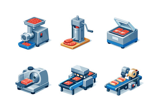 MeatProcessing. Isometric flat vector icons set of MeatProcessing: meat grinder machine, sausage stuffer, vacuum packing unit, meat slicer machine, portioning