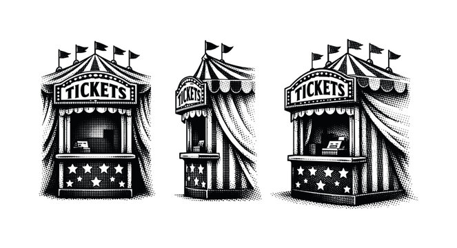 Big top entrance ticket booth A realistic small ticket booth integrated into a big top entrance with window opening and roof detail, presented in three views