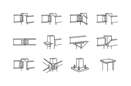 Steel Frame Joint Details. Minimalistic set one-line drawing moment connection detail, shear tab connection, double angle connection, stiffener plate detail,