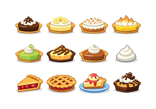 dessert pies. Colorful flat vector icons set of dessert pies: chocolate cream pie, banana cream pie, coconut cream pie, lemon meringue pie, key lime pie,