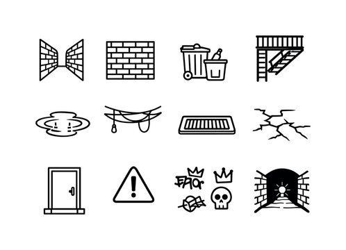 Dark Alley. Line icon set of Dark Alley: narrow alleyway, brick walls, trash bins, fire escape ladder, puddle reflection, hanging wires, street drain, cracked