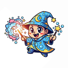 Fototapeta premium Cute Cartoon Wizard Child in Blue Costume with Magic Wand.