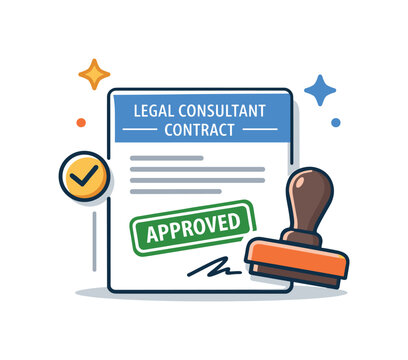 Legal consultant contract file centered on legal approval, illustrated by a stamped contract and subtle star accents that convey authorization and finalized
