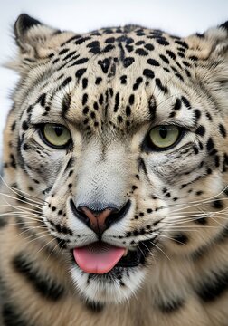Closeup of a snow leopards face with its tongue out