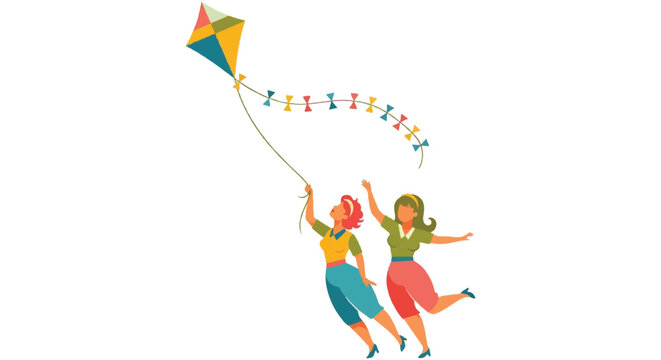 Two people flying kite vector illustration on white background