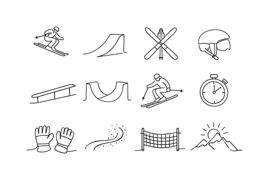 Freestyle Skiing and Snow Park Tricks. Minimalistic set one-line drawing [skier mid-air jump, ski ramp, crossed skis, helmet, terrain park rail, halfpipe,