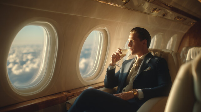 Stylish man in navy suit enjoying champagne in film style luxurious private jet on cream and gold background