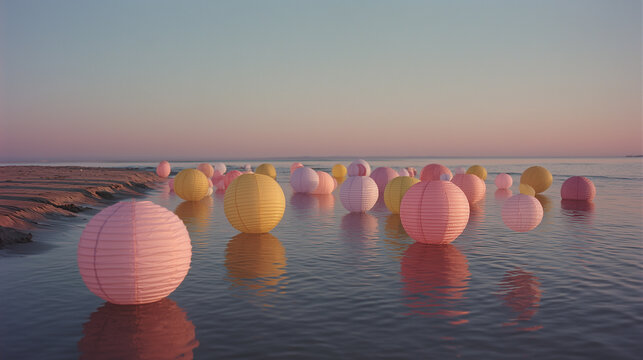 Floating pastel lanterns on beach shore in film style magical romantic concept on blush pink and soft coral background