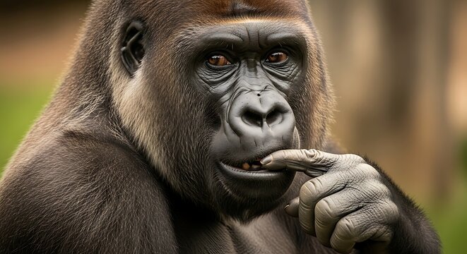 A western lowland gorilla touching its face with finger in zoo