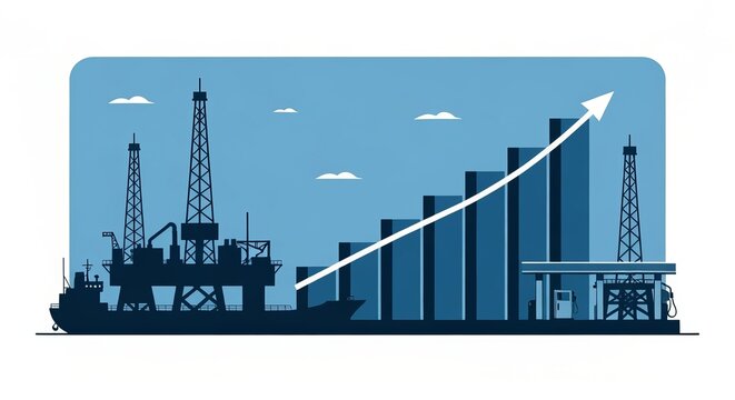 Offshore Rigs and Fuel Stations Show Rising Fuel Bar Prices with Clean Growth Graph Illustration