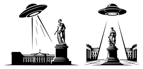 Alien flying saucer abduction of classical marble statue in front of government architecture in black and white vector style © Aurora