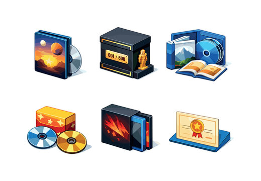 Collector editions. Isometric flat vector icons set of collector editions: steelbook movie case, numbered collector box set, deluxe Blu-ray package, special