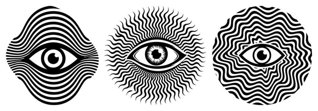 Human eye surrounded by hypnotic wavy lines and psychedelic optical illusion patterns in minimal vector style
